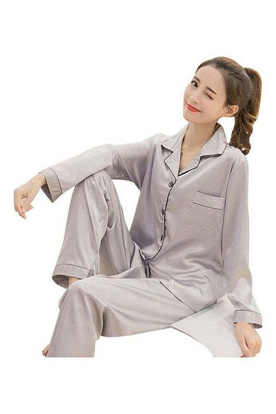 Generic Imitation Silk Lining Long Sleeve Cardigan Pajamas Silk Home Clothes Two Piece Set L