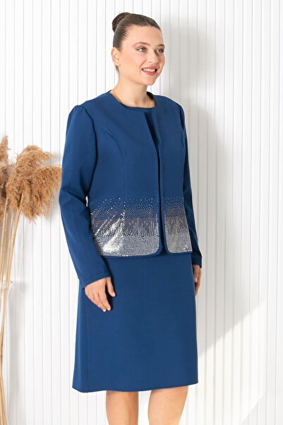 Fahima Βραδινό φόρεμα με μπουφάν και πέτρες Navy Blue FHM896