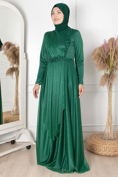 Fahima Βραδινό φόρεμα Guipure Λεπτομερές Glitter Emerald Fhm862