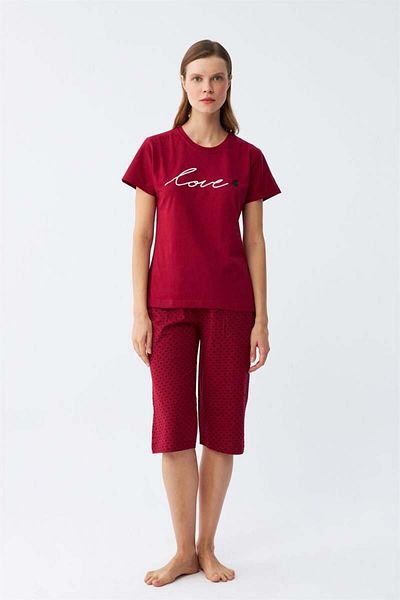 modaserdem Mdsrdm Women's Burgundy Heart Patterned Capri Pajamas Set