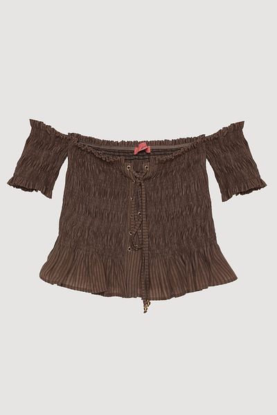 Quzu Bird Eye Tie Off Shoulder Blouse Brown
