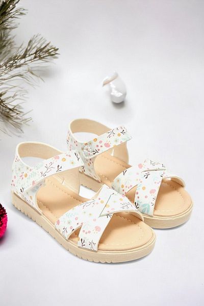 Ponchiq Velcro Ecru Printed Girl's Sandals