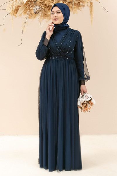 Fahima Βραδινό φόρεμα από τούλι Navy Blue - Pearl Stone Detail, Fhm830