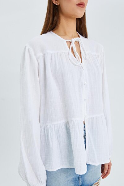 Mixray 4563 Model White Muslin Shirt - Tie Collar and Elastic Sleeves