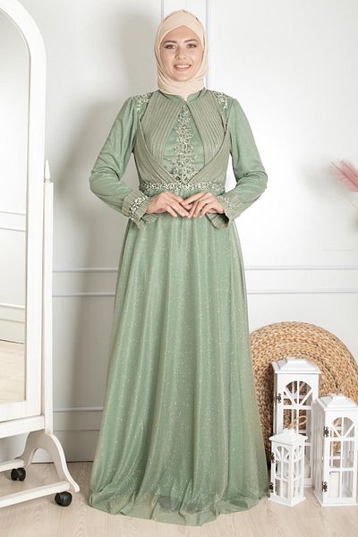 Modaviki Βραδινό φόρεμα με λεπτομέρεια γκιπούρ Glitter Princess Model Green Mda2262