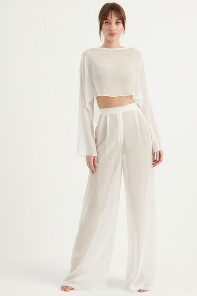 Fahima Chiffon Palazzo Trousers White 3021