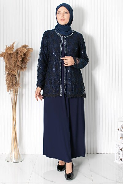 Modaviki Dantelli Pul Payet Detay Abiye Lacivert MDA2311