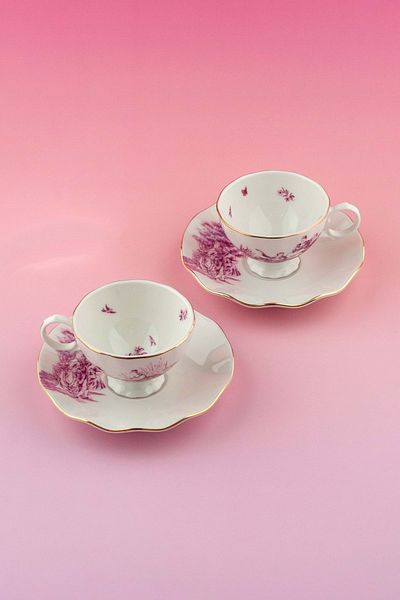 Bursa Porselen Dekor Royal Pink Gold Gilded Coffee Cup Set for 2 People