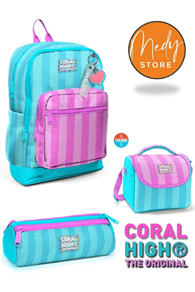 Coral High Set de 3 genți școlare cu dungi turcoaz și roz