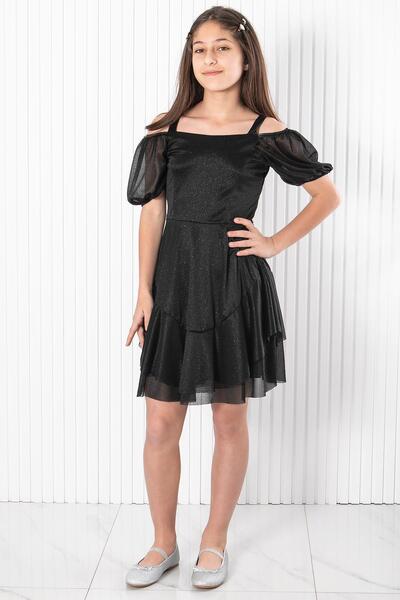 Modaviki Balon Kol Simli Tül Abiye Siyah MDV940