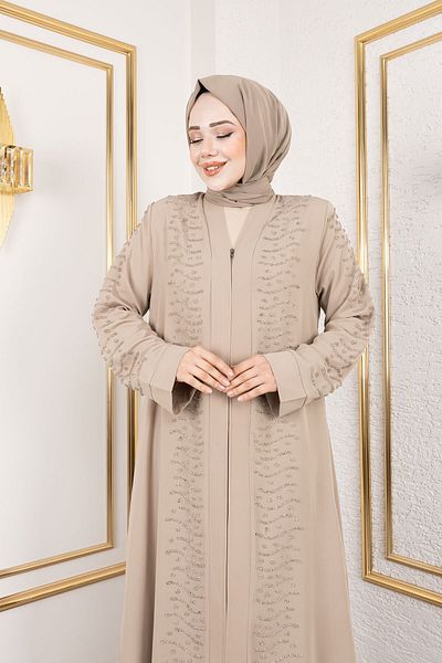 Tesettür Dünyası Wave Stone Λεπτομερής Abaya TSD250166 Μπεζ