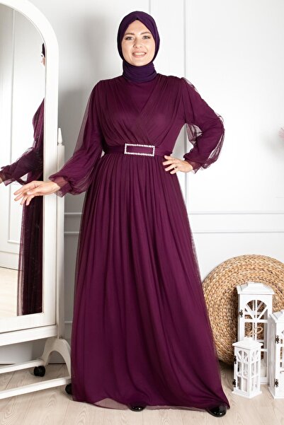 Fahima Rochie de seară din tul cu detaliu curea Prune FHM777