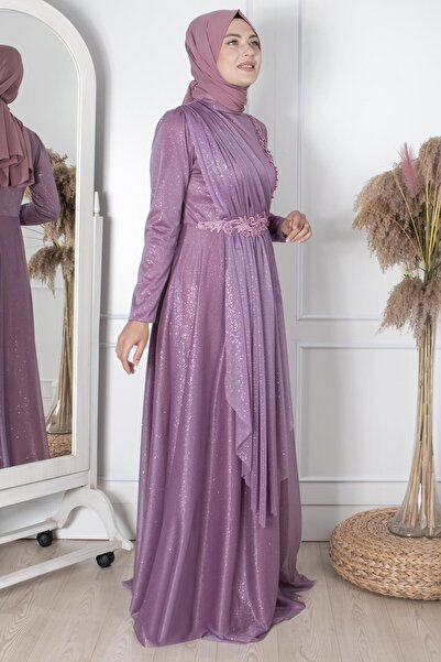 Fahima Güpür Detaylı Simli Abiye Lila FHM862