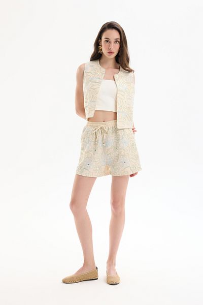 Quzu Colorful Embroidery Embroidered Waist Lace up Mini Shorts Natural