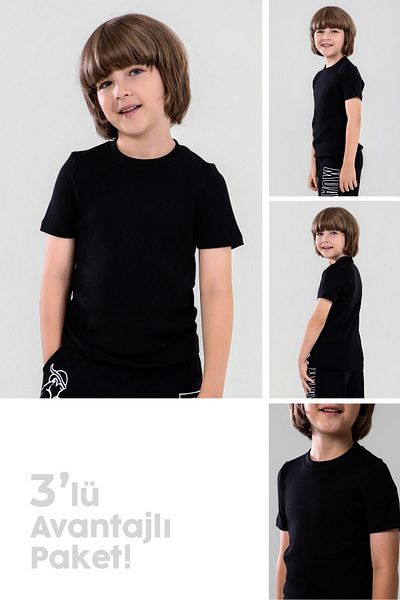 BAYKAR Boy's Cotton Crew Neck Flannel T-Shirt 3 Pack Black