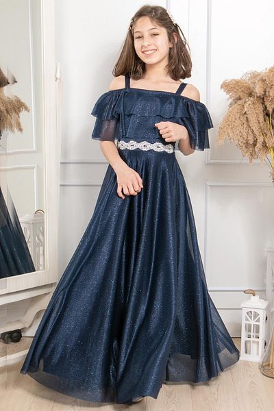 Modaviki Ruffle Detailed Glitter Tulle Children's Evening Dress Navy Blue Mdv314