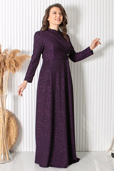 Modaviki Ασημί Stone Print Λεπτομερές βραδινό φόρεμα Plum MDA2424