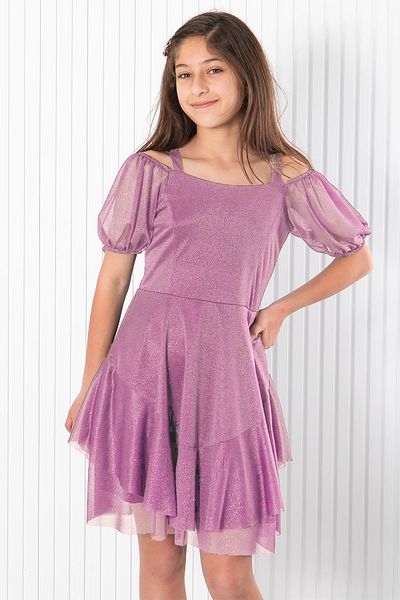 Modaviki Lilac Tulle Evening Dress with Balloon Sleeve and Glitter Detail, MDV940
