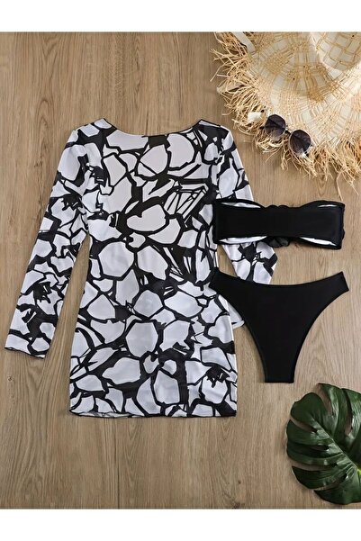 wishe Siyah Beyaz Gül Detay Straplez Bikini Takım Set ve Pareo Elbise Plaj Giyim
