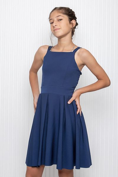 Modaviki Navy Blue Crepe Evening Dress - Girl, Back Detailed Mdv354