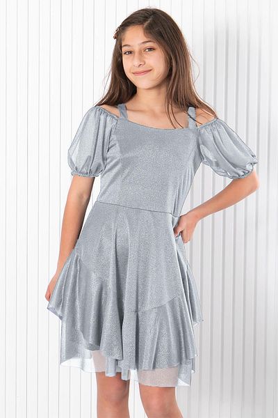 Modaviki Gray Tulle Evening Dress - MDV940 with Balloon Sleeve and Glitter Detail