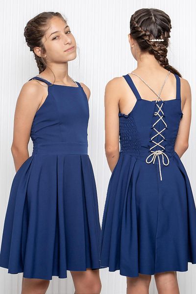 Modaviki Navy Blue Crepe Evening Dress - Girl, Back Detailed Mdv354