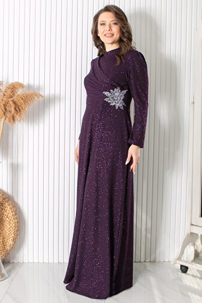 Modaviki Ασημί Stone Print Λεπτομερές βραδινό φόρεμα Plum MDA2424