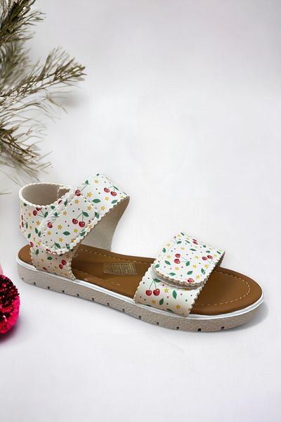 Ponchiq White Cherry Patterned Velcro Girls' Sandals