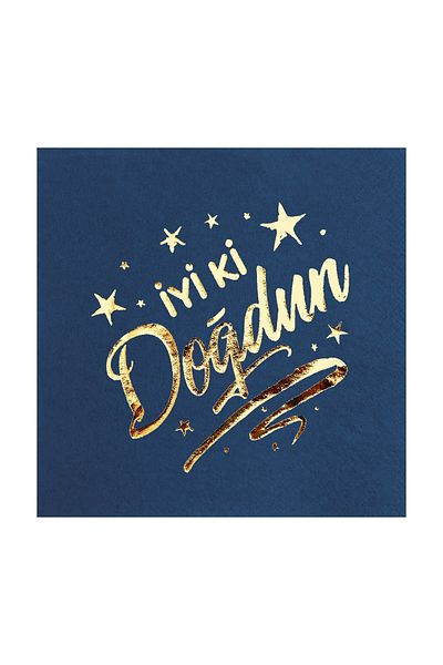 Story Gold Leaf Happy Birthday Birthday Patterned 16-Piece Navy Blue Napkins