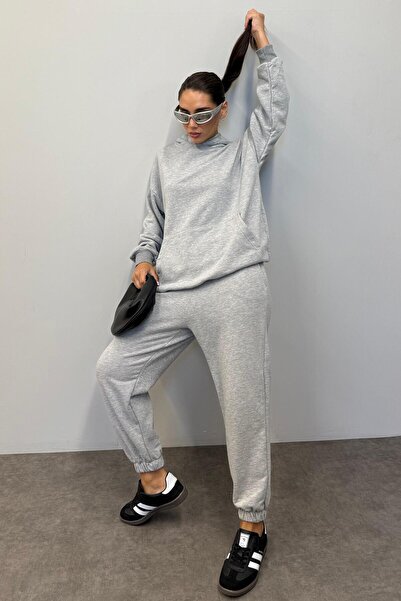 Madmext Mad Girls Gri Kapüşonlu Kadın Eşofman Takımı Mg1225