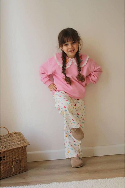 MİO Girl's Pink Jean Floral Suit Pink