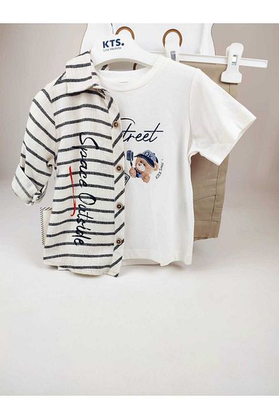 GAMZEAKKUŞ Short Sleeve Teddy Bear Printed T-Shirt, Patterned, Printed Shirt and Pants 3-Piece Boy's Set