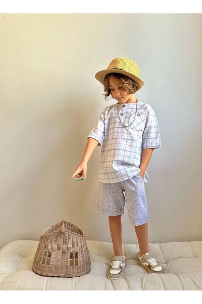 MİO Boy's Cotton Shorts Shirt Suit Summer Casual Cut Gray