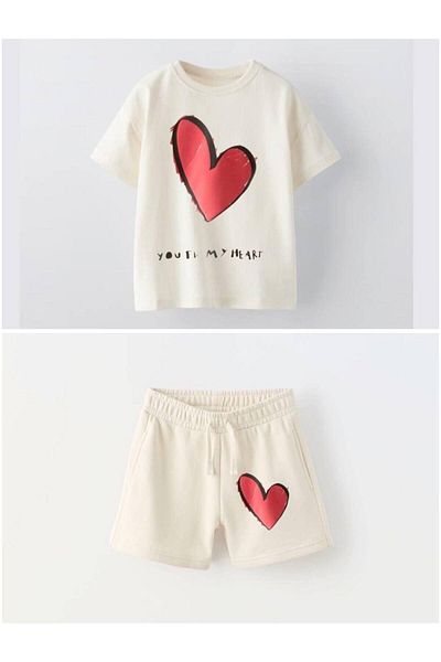 MİO Girl's Cotton T-Shirt and Shorts Set - Summer Sports Style Cream