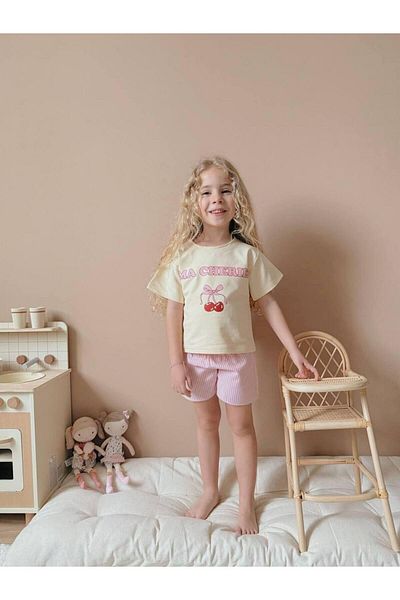 MİO Girls Oversize T-Shirt and Shorts Set 2-Piece Set, Cotton and Comfortable Pink