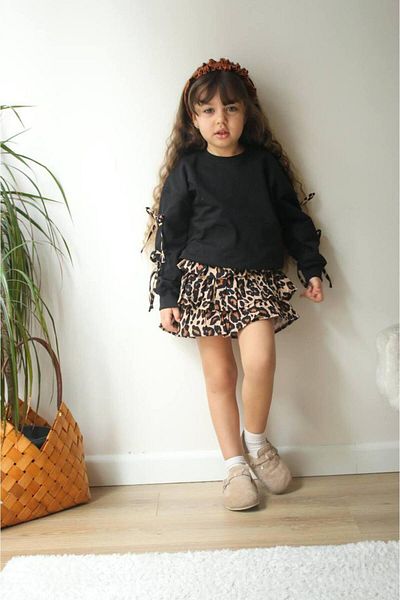 MİO Girl's Leopard Skirt Suit Black
