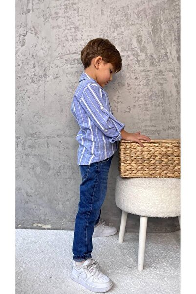 MİO Boy's Striped Shirt Suit Blue