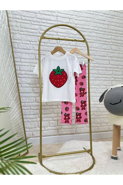MİO Girl's Strawberry Printed White T-Shirt and Patterned Leggings Set Pink