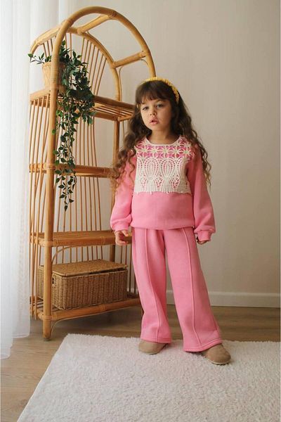 MİO Girl's Raised Pink Knitted Detailed Wide Leg Suit Pink