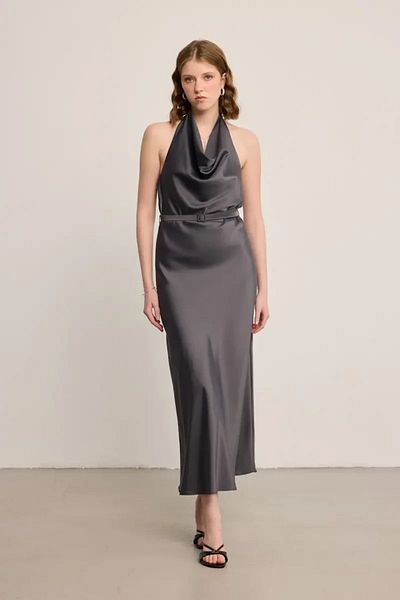 Gusto Halter Neckline Long Satin Dress - Grey