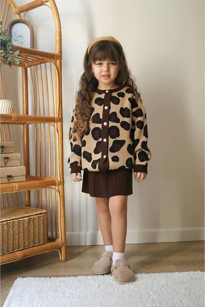 MİO Girl's Leopard Skirt Knitwear Bottom Top Set Brown