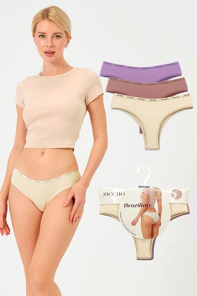 ZICCHO 3 Pack Ribbed Cotton Fabric Brazilian Panties Set