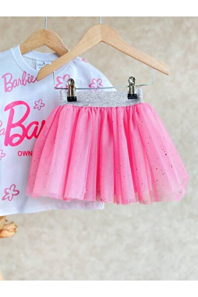 MİO Girl's White T-Shirt and Pink Tutu Skirt Set Pink