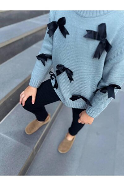 MİO Knitwear Bow Detailed Sweater Leggings Top-Bottom Set Girl's Gray