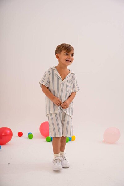 MİO Boy's Shirt and Striped Shorts 2-Piece Set Blue