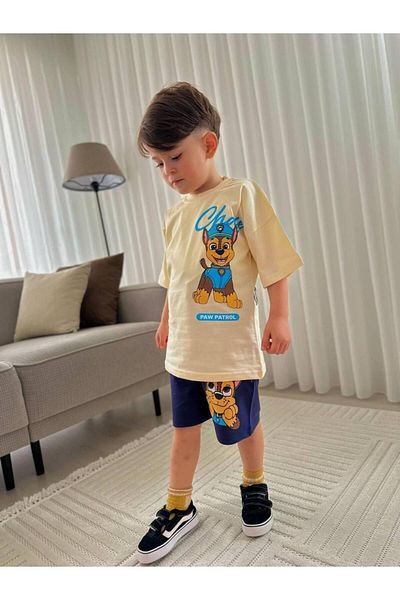 MİO Boy's Cotton Paw Oil T-Shirt and Shorts Set White