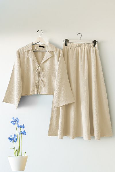 MODAQU Double Breasted Collar Kimono Skirt Suit - Beige