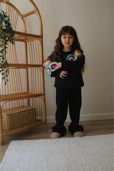 MİO Girl's Hooded Knitted Detailed Suit Black