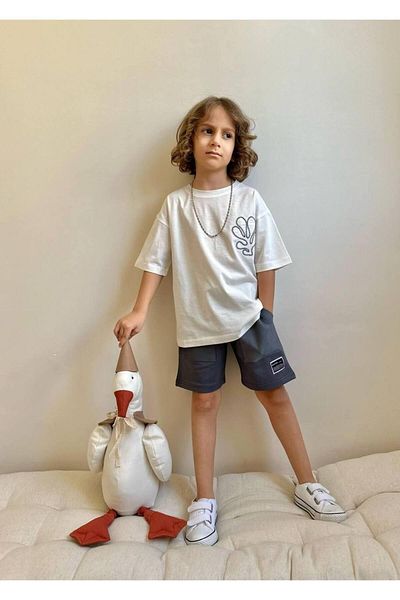 MİO Boys' Cotton T-Shirt and Shorts Set - Summer Sports Style Gray