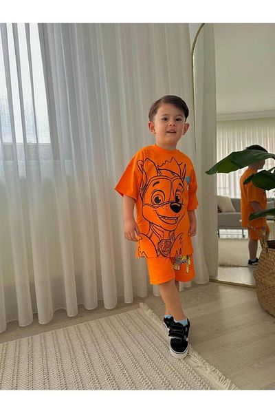 MİO Boy's Cotton Paw Oil T-Shirt and Shorts Set Orange